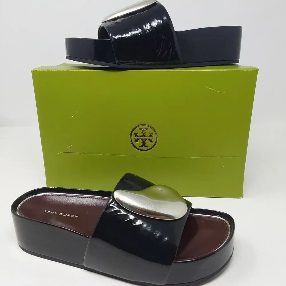 Tory Burch Patos Platform Slide Black Patent Leather Silver US 6.5 Sandals